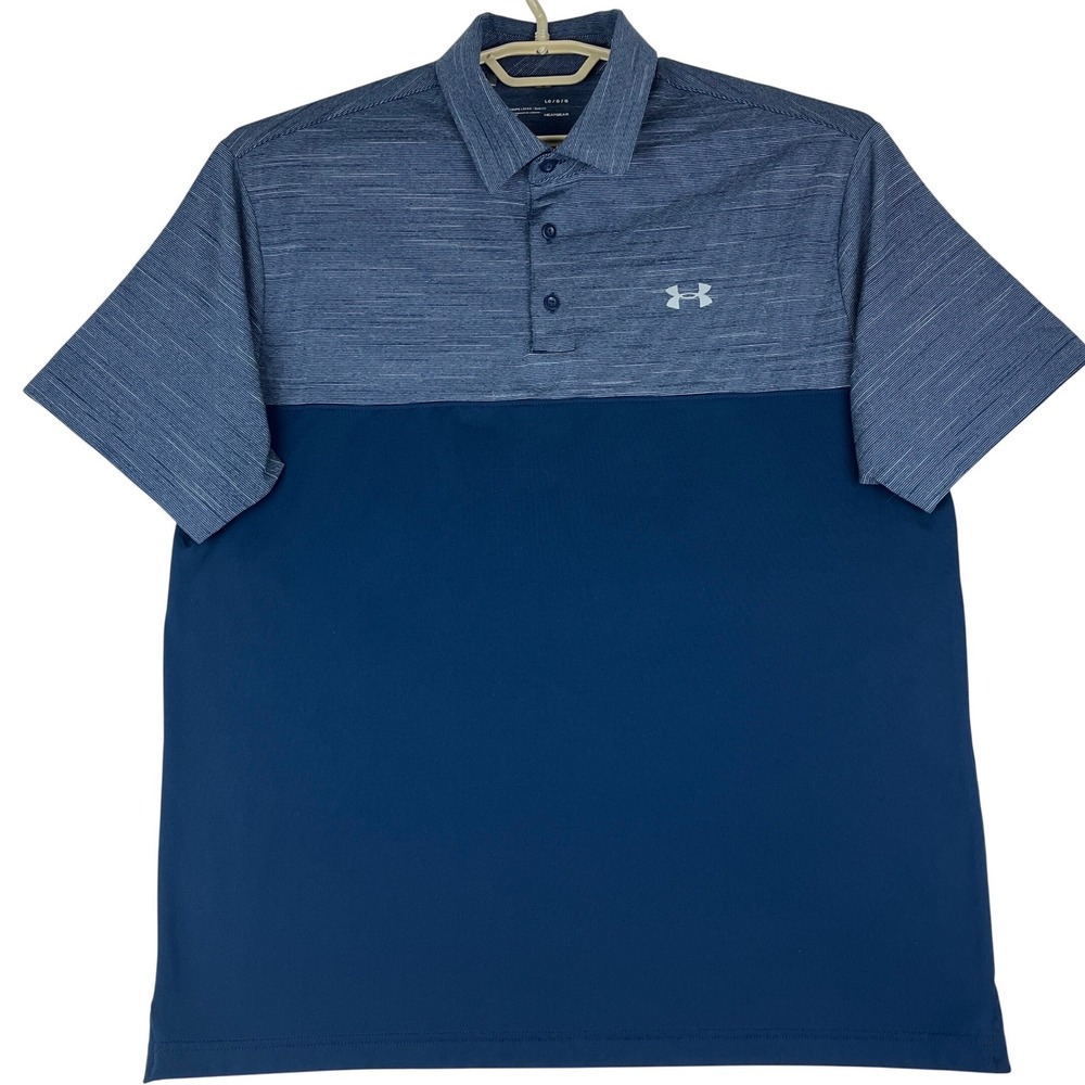 Under Armour Polo Shirt Mens L (LG/G/G) Blue Colorblock HeatGear Striped Top